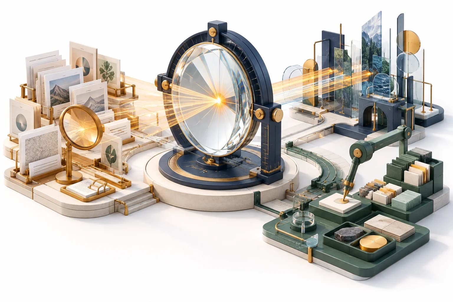 Conceptual illustration of a shared lens connecting research, visibility and dependable work.