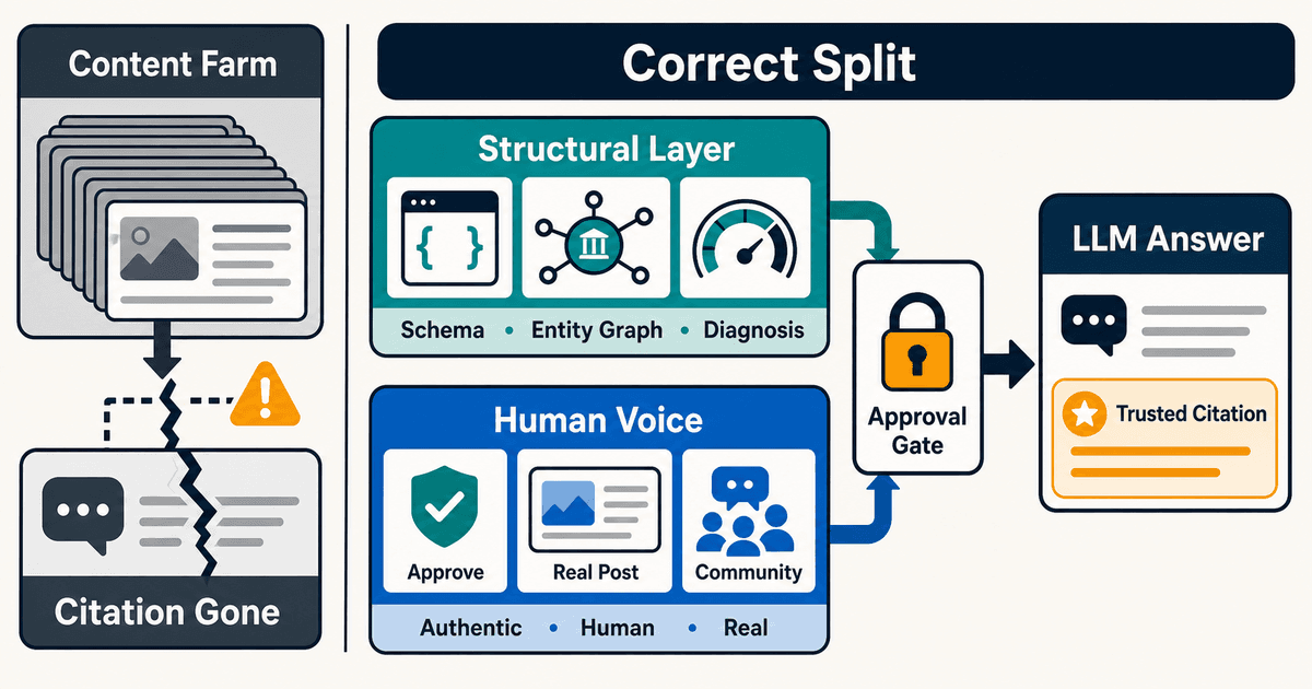 Thin content farm signals separated from durable verified visibility work.