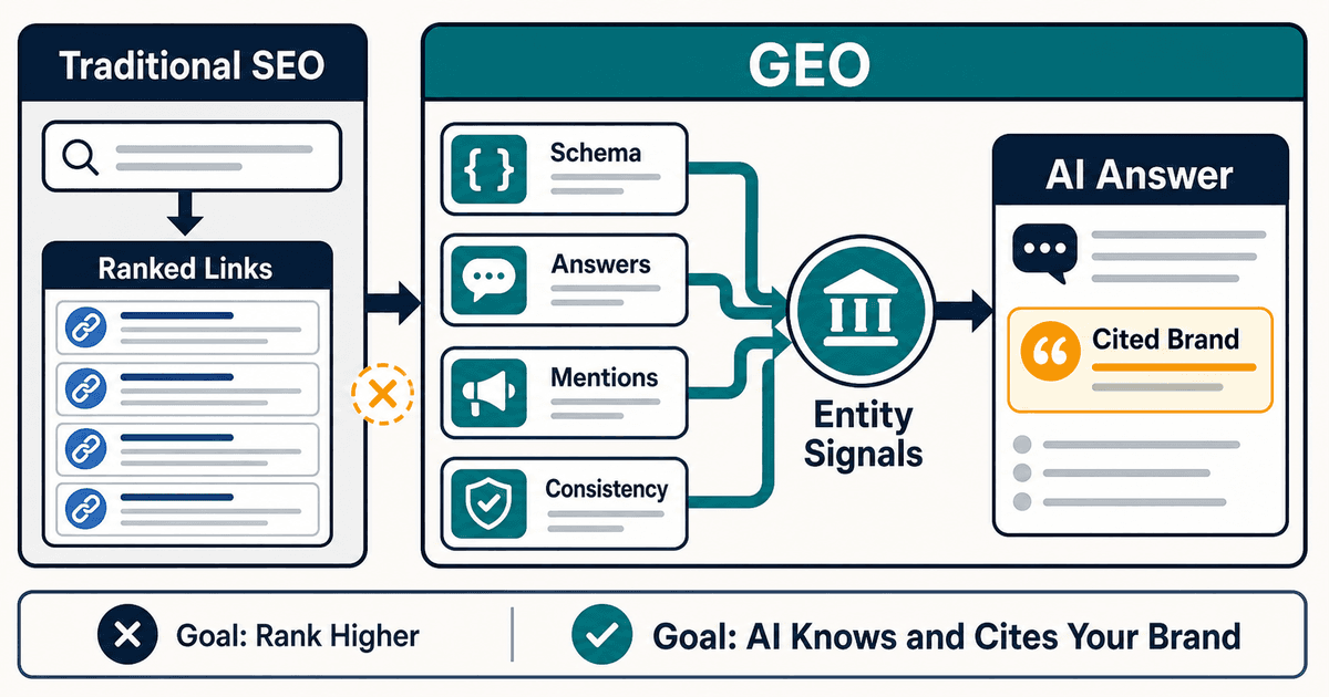AI answer engine surface connected to authority signals and cited sources.